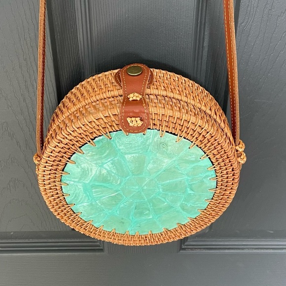 Handmade Boho Round Circular Woven Wicker Rattan Crossbody Bag Turquoise Tan - Picture 14 of 16